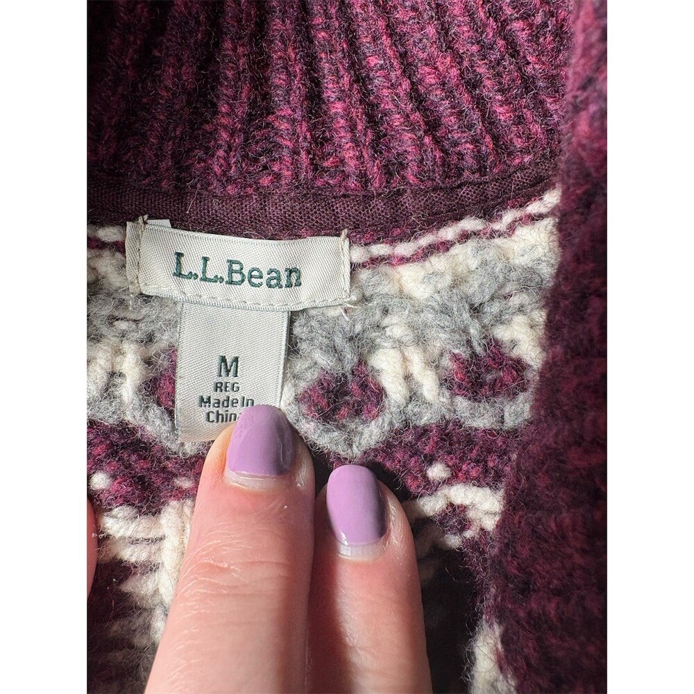 L.L.Bean Cardigan Sweater Womens M Burgundy Fair Isle Nordic Full Zip Knit - Picture 9 of 11